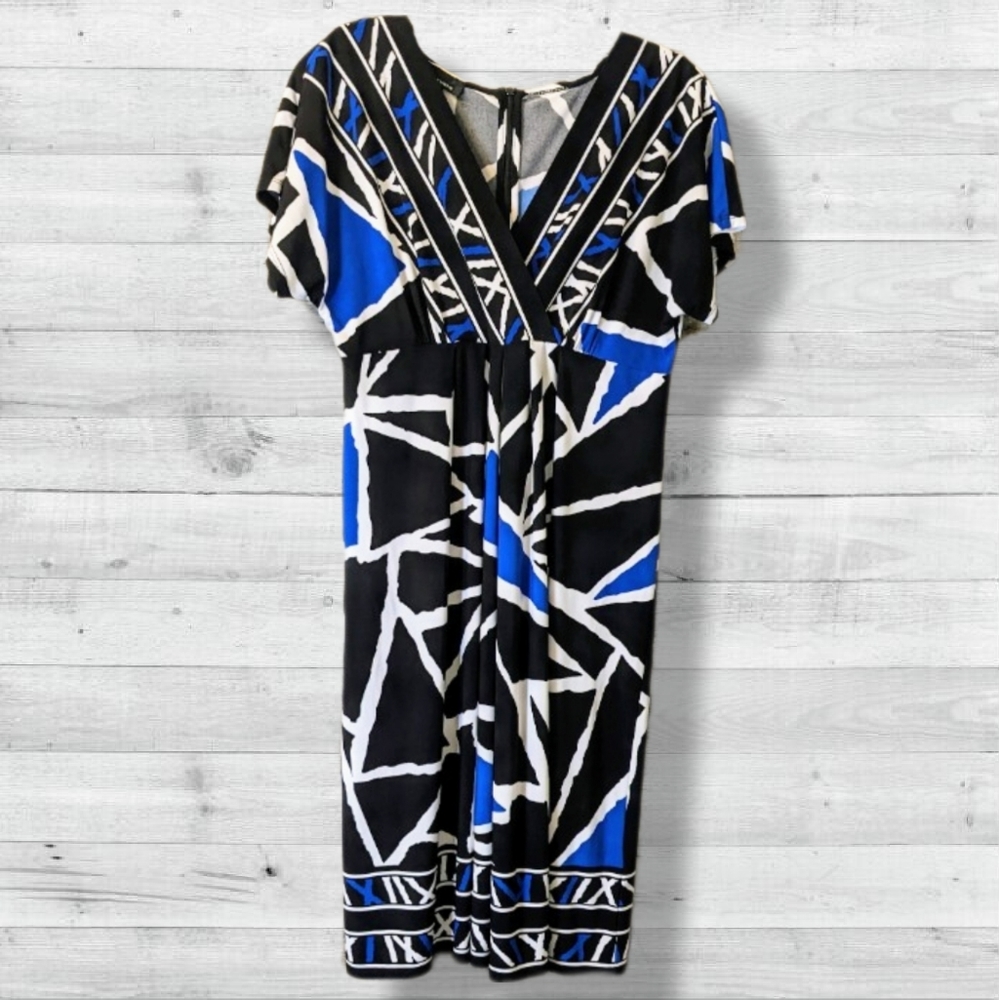 Black & White Print Dress Royal Blue Pattern V-neck Midi Stretch Geo  D1